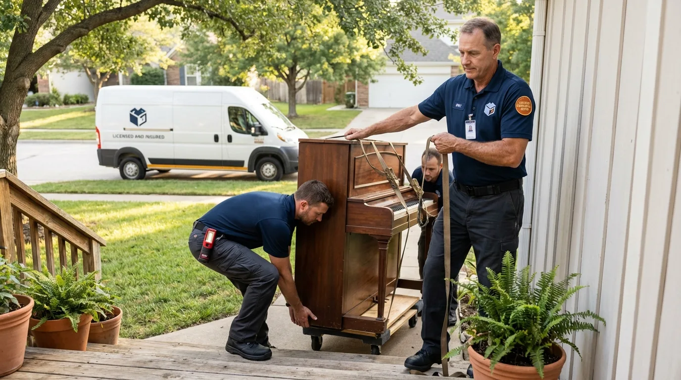Licensed piano movers securing grand piano in Grandview, TX