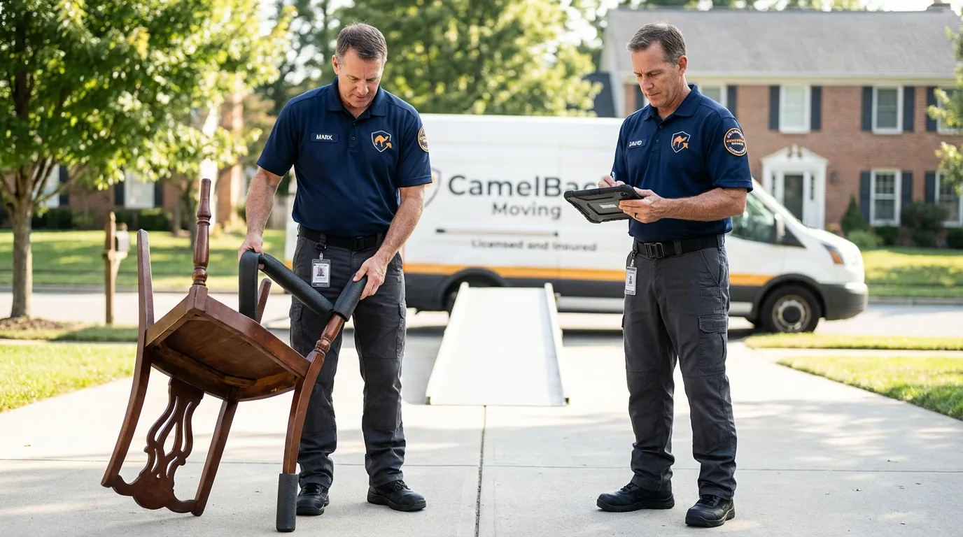 Movers inspecting furniture for damage prevention before loading in Grandview, TX