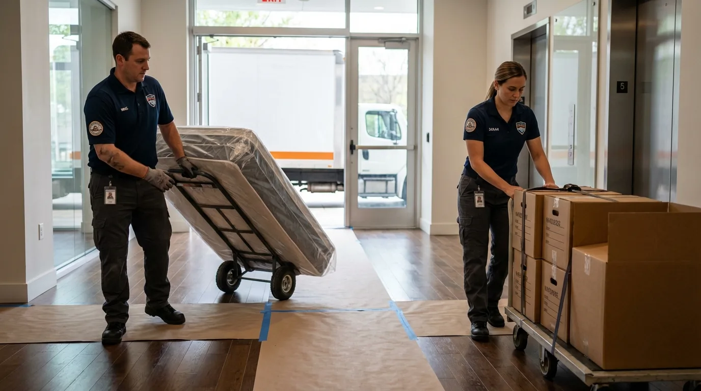 Professional apartment movers loading elevator in Grandview, TX